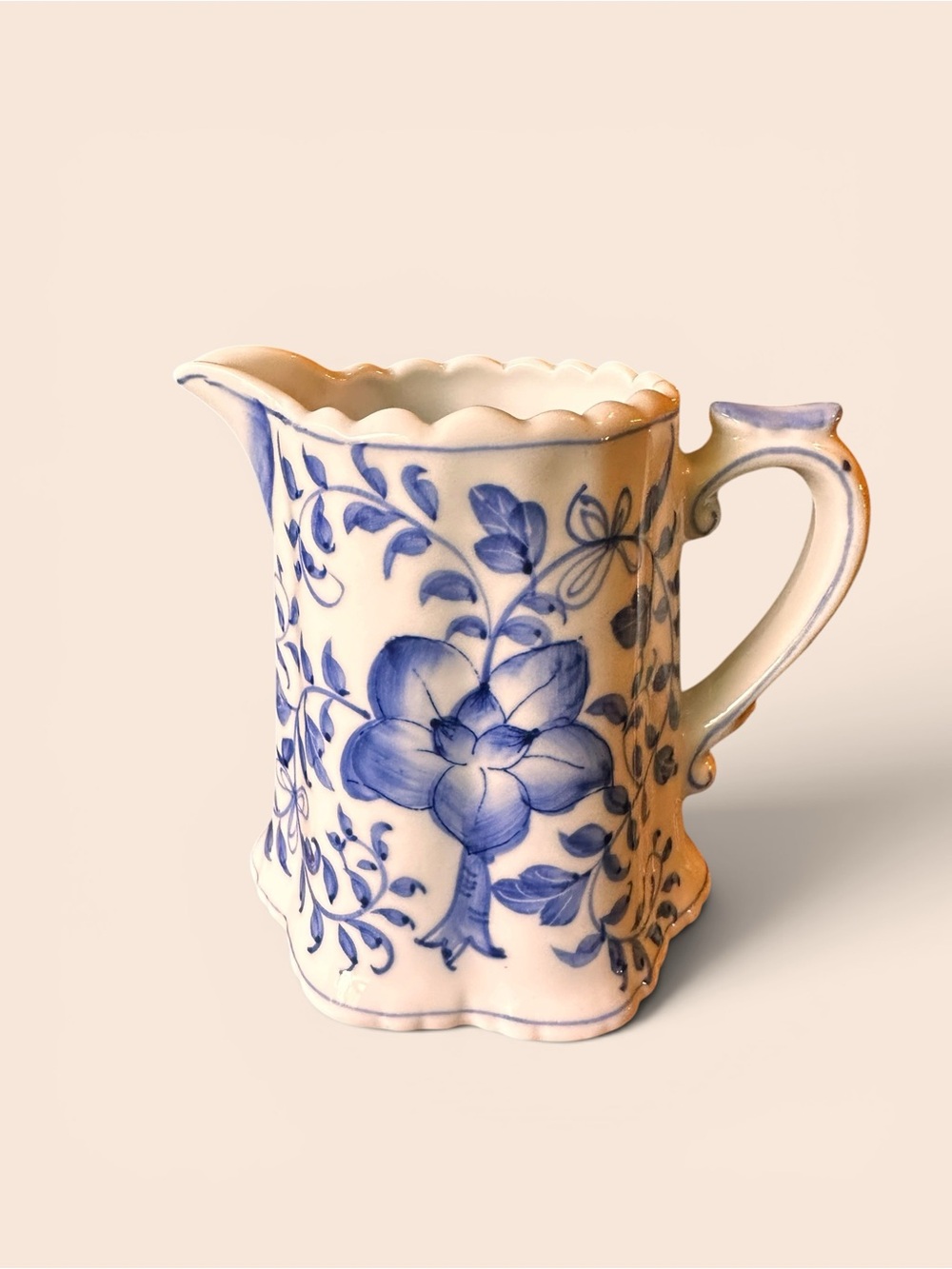 Vintage Andrea by Sadek Blue & White Floral Scalloped Ceramic Creamer Pitcher - Picture 5 of 11